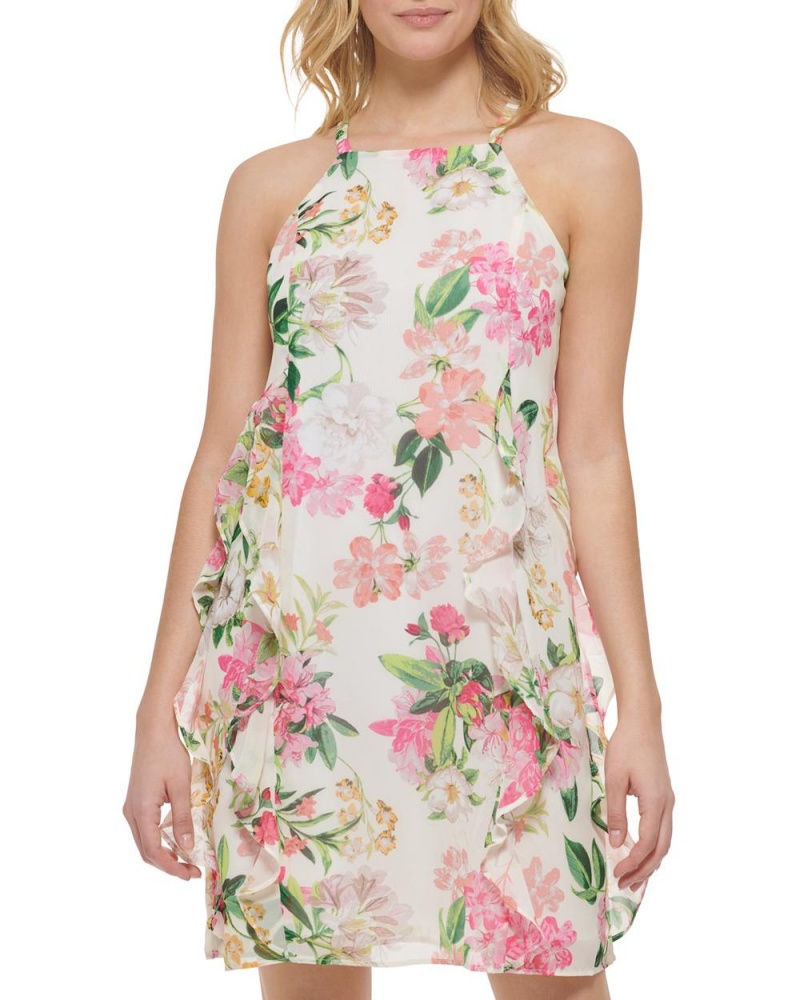 Vince Camuto Floral-Print Chiffon Ruffled (Petite) Mini Šaty Damske Biele | XCPH-06243