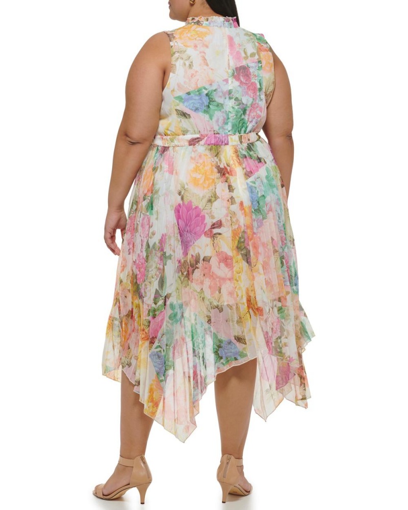 Vince Camuto Floral-Print Handkerchief-Hem (Plus Size) Midi Šaty Damske Biele | NATU-37948