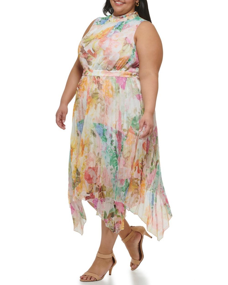 Vince Camuto Floral-Print Handkerchief-Hem (Plus Size) Midi Šaty Damske Biele | NATU-37948