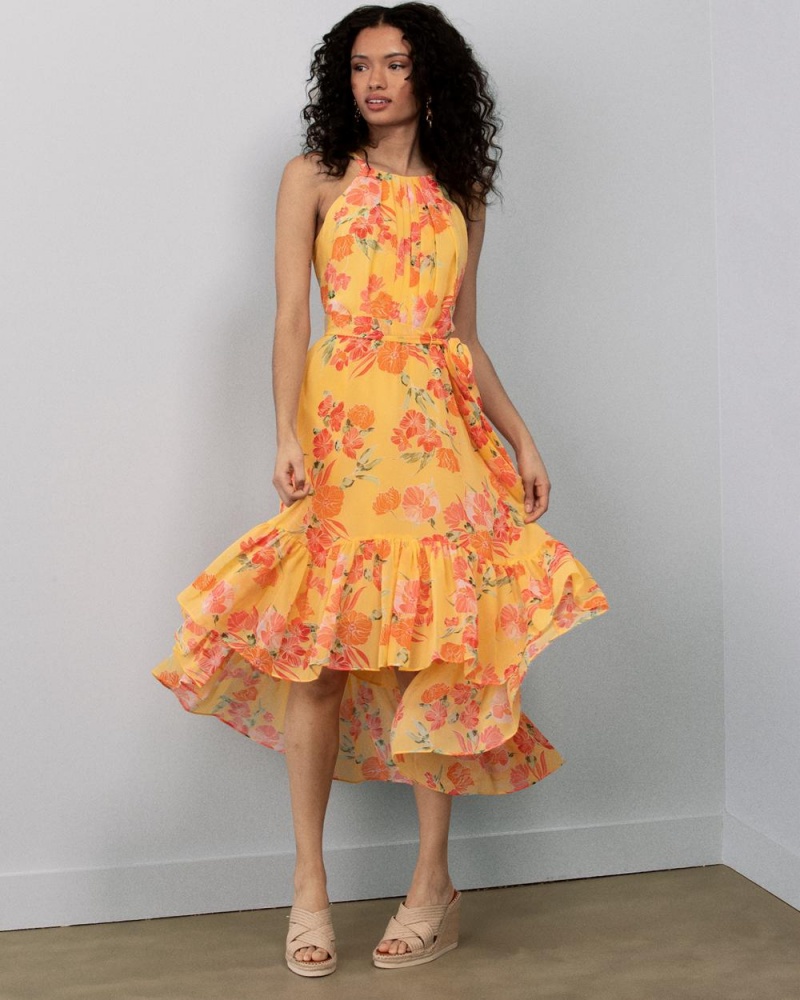 Vince Camuto Floral-Print Hi-Lo Mini Šaty Damske Žlté | RNJM-40862