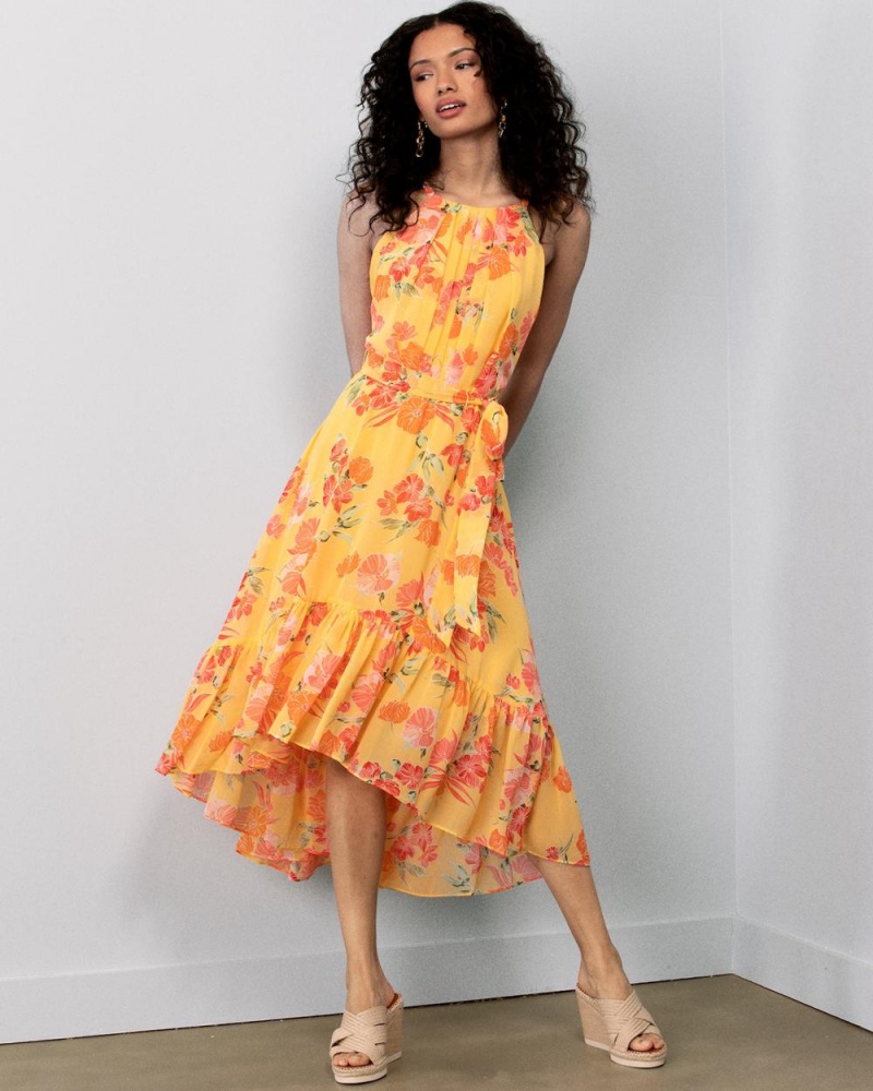 Vince Camuto Floral-Print Hi-Lo Mini Šaty Damske Žlté | RNJM-40862