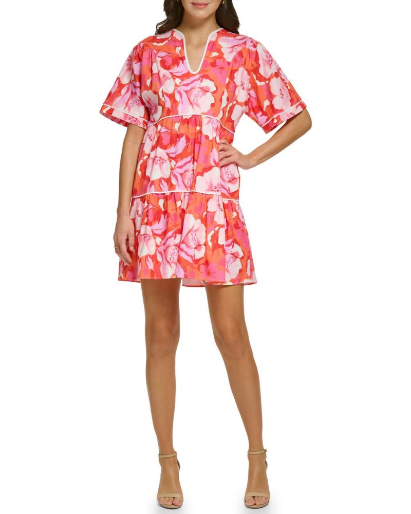Vince Camuto Floral-Print Piped Midi Šaty Damske Červené Ruzove | TQWH-20145