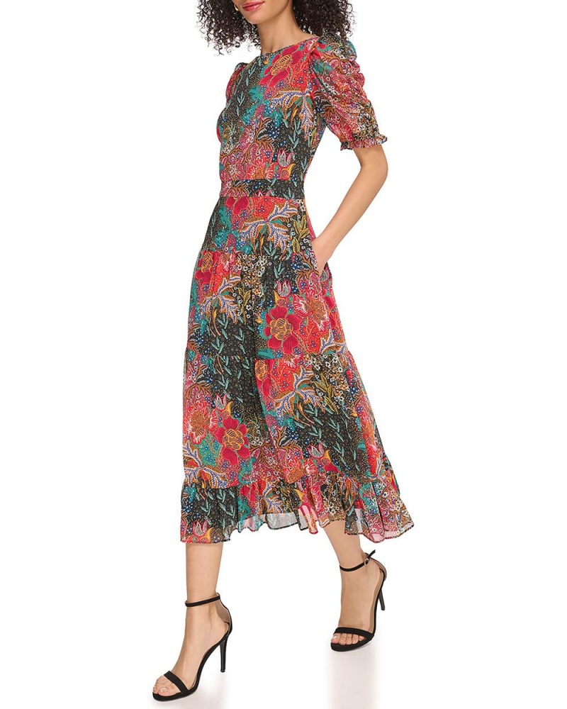 Vince Camuto Floral-Print Ruched-Sleeve Mini Šaty Damske Hunter Floral Print | OQRB-19428