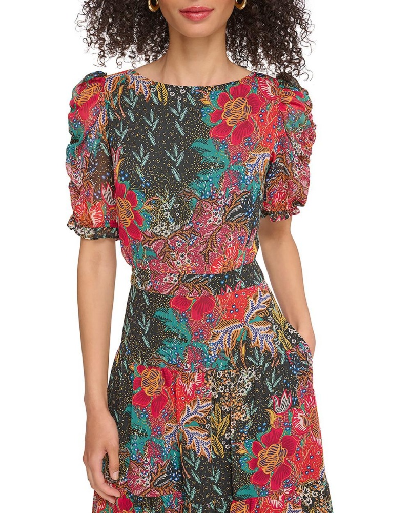 Vince Camuto Floral-Print Ruched-Sleeve Mini Šaty Damske Hunter Floral Print | OQRB-19428
