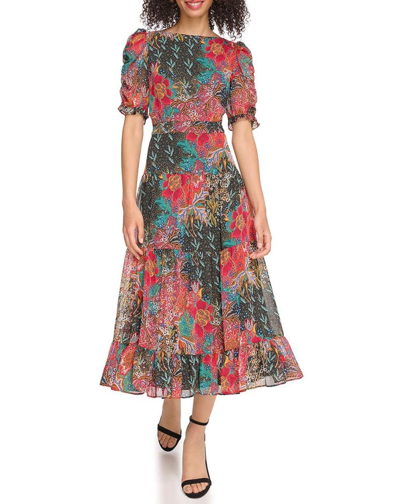 Vince Camuto Floral-Print Ruched-Sleeve Mini Šaty Damske Hunter Floral Print | OQRB-19428