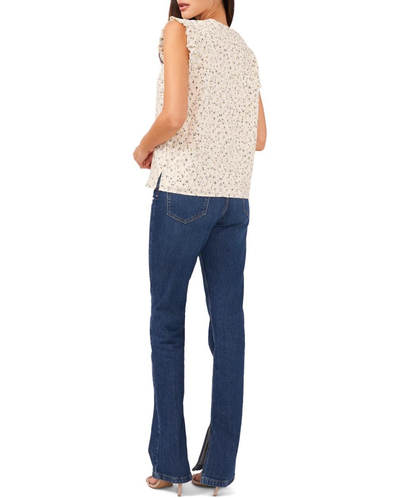 Vince Camuto Floral-Print Ruffled-Cap-Sleeve Bluzka Damske Béžové | TANQ-21987