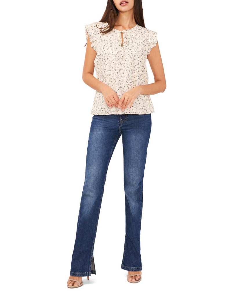 Vince Camuto Floral-Print Ruffled-Cap-Sleeve Bluzka Damske Béžové | TANQ-21987