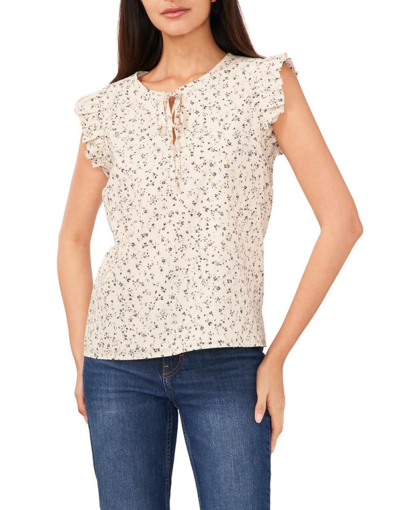 Vince Camuto Floral-Print Ruffled-Cap-Sleeve Bluzka Damske Béžové | TANQ-21987