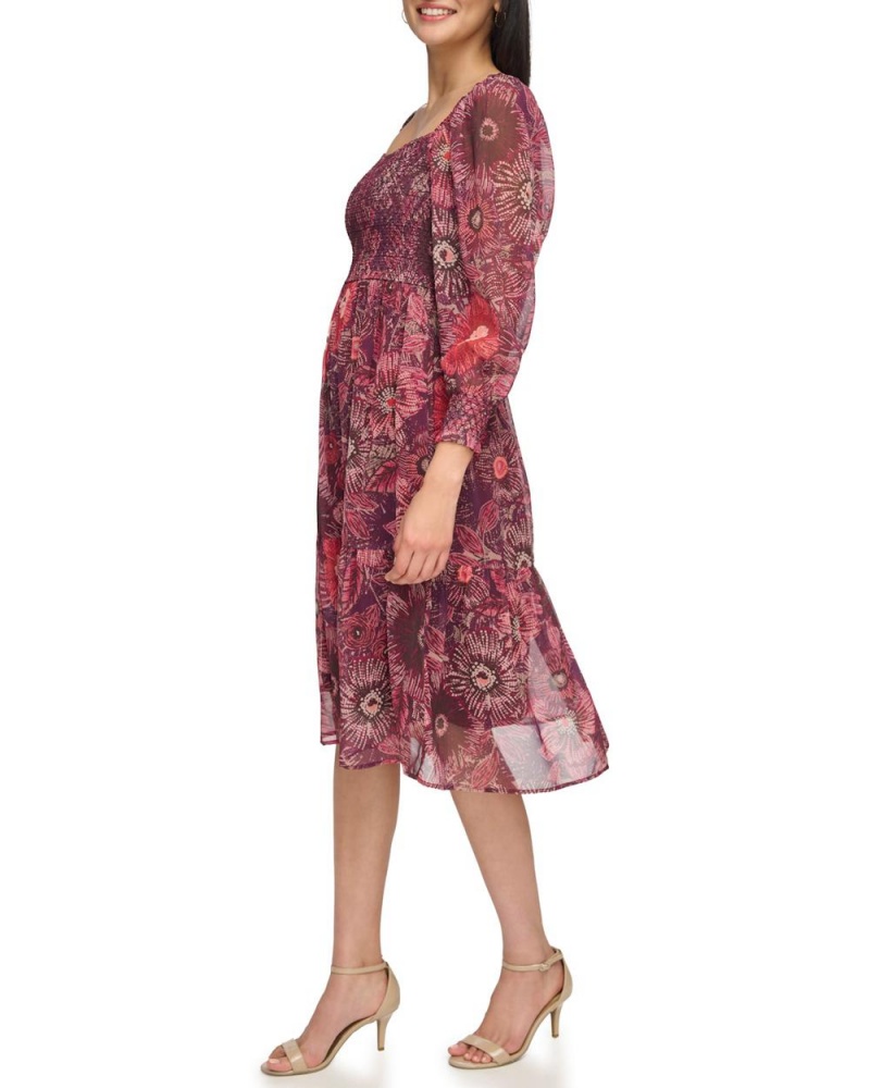 Vince Camuto Floral-Print Smocked Midi Šaty Damske Červené | JFZU-01652