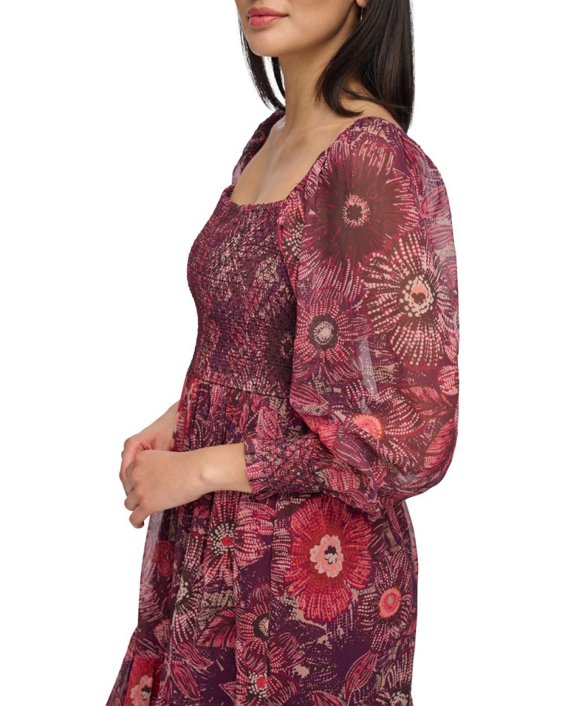 Vince Camuto Floral-Print Smocked Midi Šaty Damske Červené | JFZU-01652
