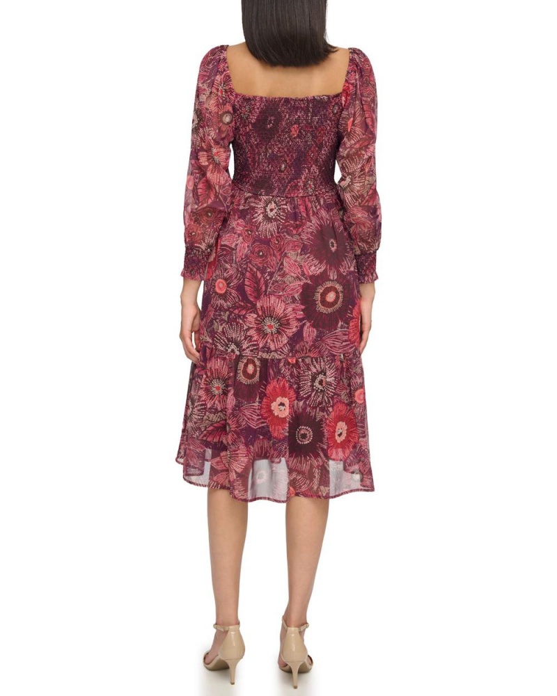 Vince Camuto Floral-Print Smocked Midi Šaty Damske Červené | JFZU-01652