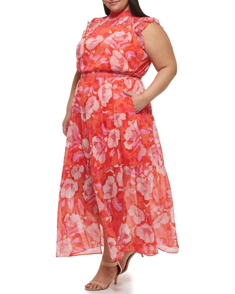 Vince Camuto Floral-Print Smocked (Plus Size) Maxi Šaty Damske Červené | HNSW-28491