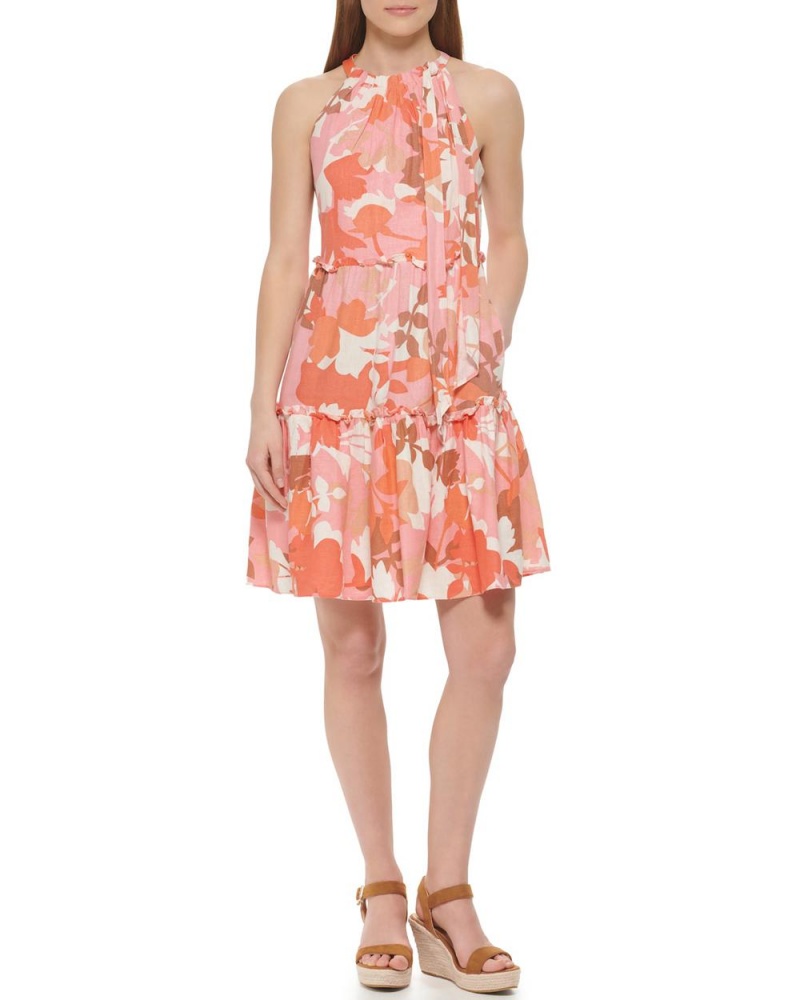 Vince Camuto Floral-Print Tiered (Petite) Mini Šaty Damske Koralove | ZPUJ-73501