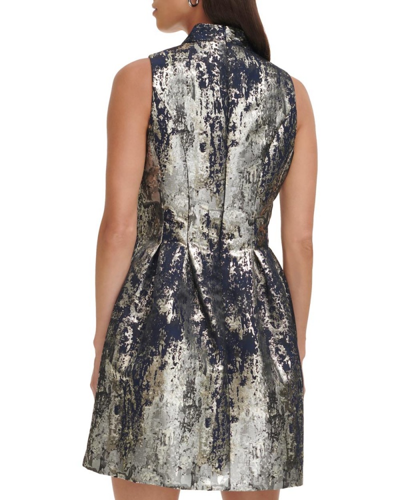 Vince Camuto Jacquard Bez Rukavov Fit-And-Flare Mini Šaty Damske Námornícka Modrá Strieborne | KNZI-38954