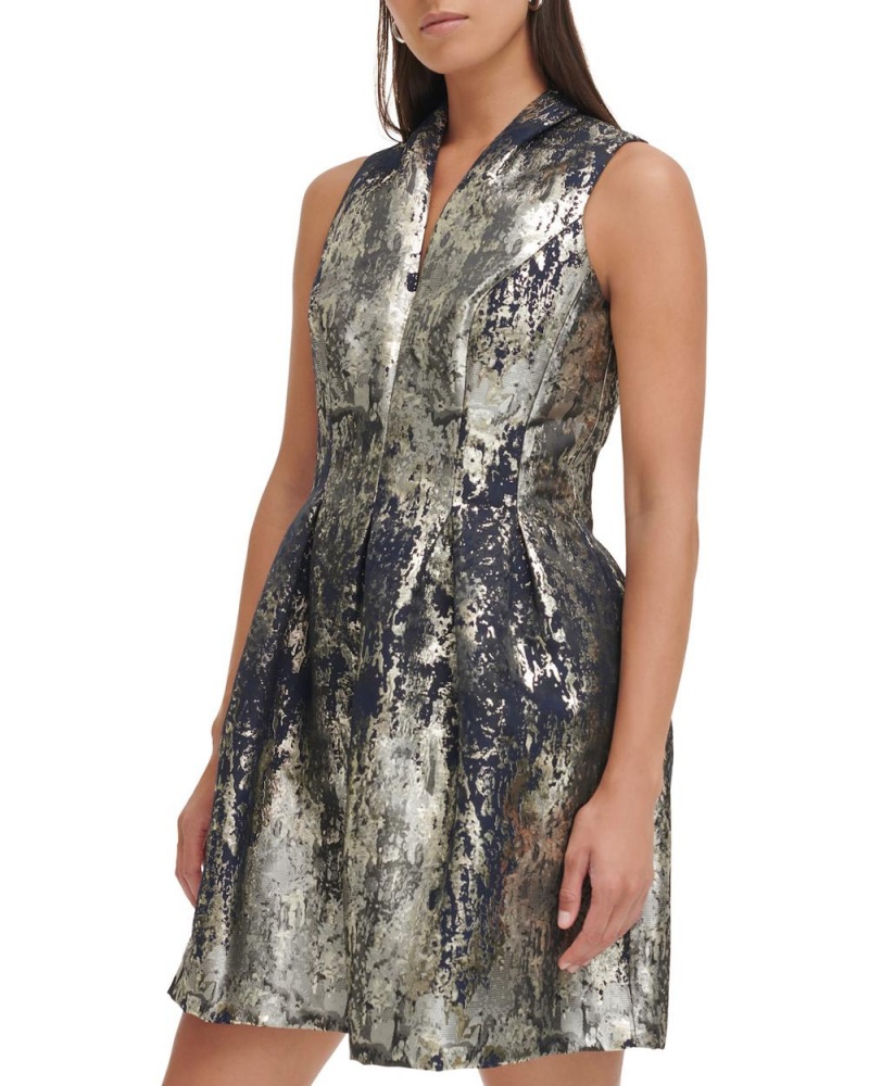 Vince Camuto Jacquard Bez Rukavov Fit-And-Flare Mini Šaty Damske Námornícka Modrá Strieborne | KNZI-38954