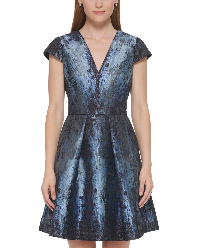 Vince Camuto Jacquard Cap-Sleeve Fit-And-Flare Mini Šaty Damske Modre | XDLI-03851