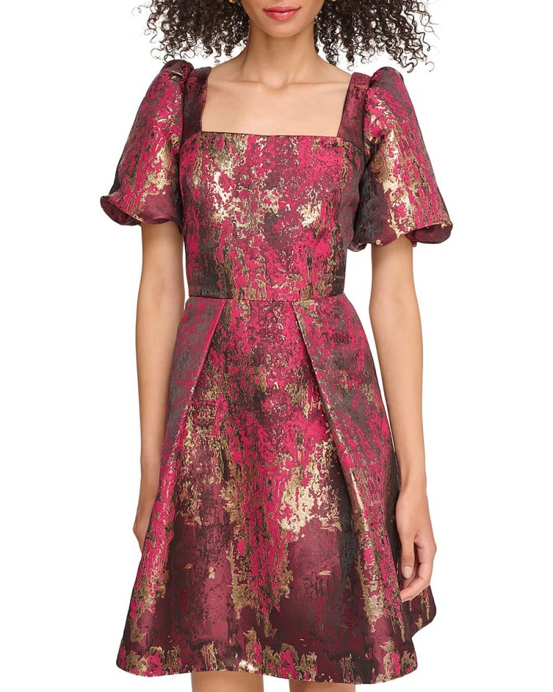 Vince Camuto Jacquard Square-Neck Fit-And-Flare Mini Šaty Damske Zlate | MPNQ-53492