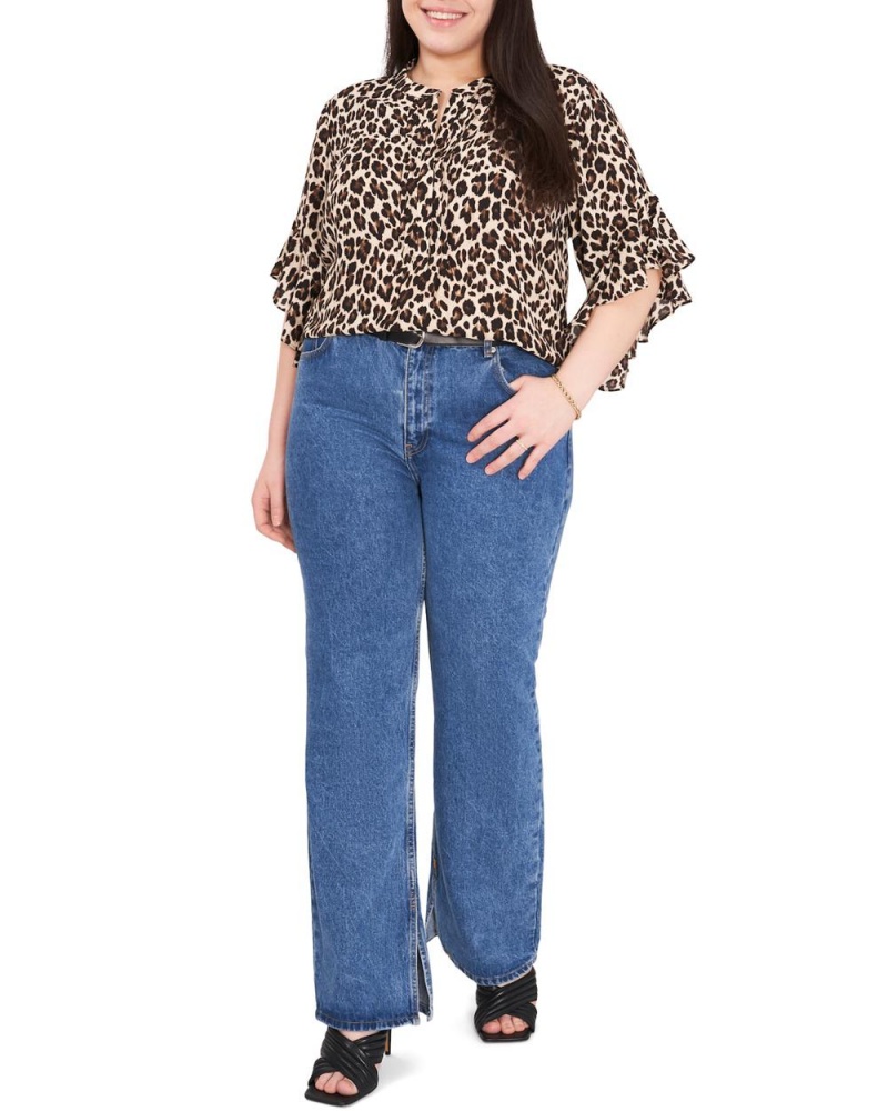 Vince Camuto Leopard-Print Ruffled-Sleeve (Plus Size) Bluzka Damske Čierne Hnede Leopardie | SBFI-14398