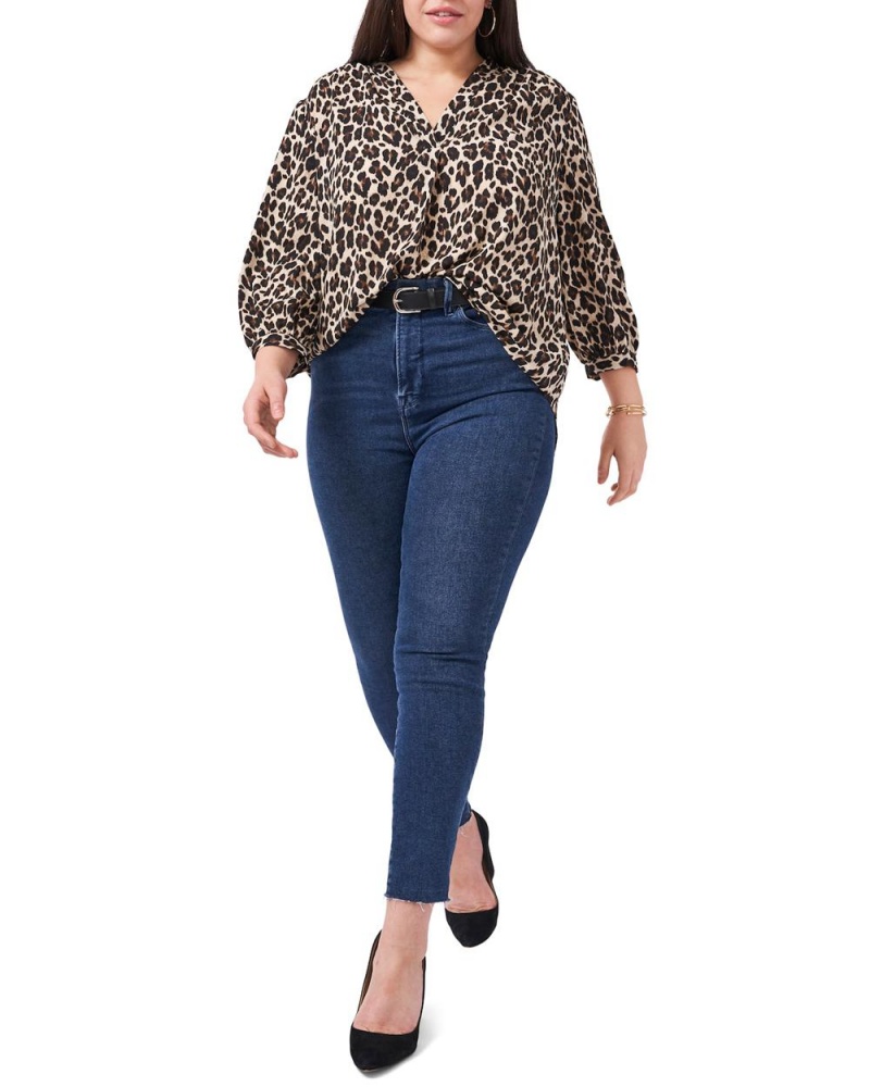 Vince Camuto Leopard-Print V-Neck (Plus Size) Topy Damske Čierne Hnede Leopardie | HRPM-87043