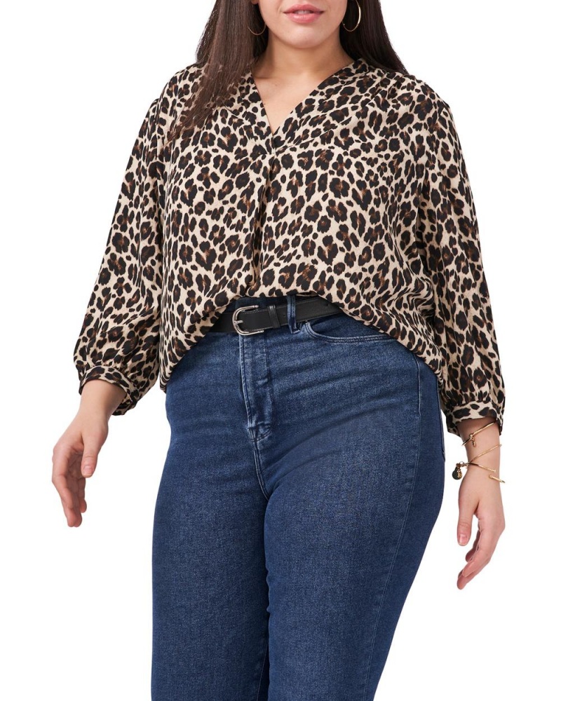 Vince Camuto Leopard-Print V-Neck (Plus Size) Topy Damske Čierne Hnede Leopardie | HRPM-87043