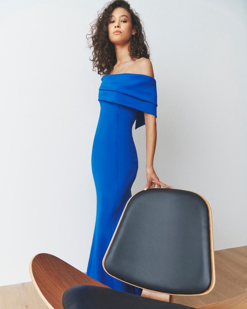 Vince Camuto Off-The-Shoulder Gown Maxi Šaty Damske Modre | RDWE-42376