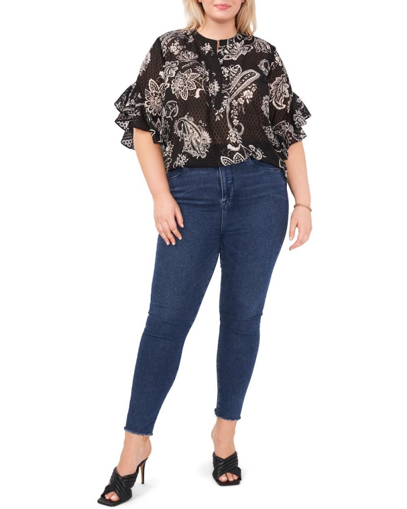 Vince Camuto Paisley-Print Ruffled-Sleeve (Plus Size) Bluzka Damske Čierne | ARTV-45031