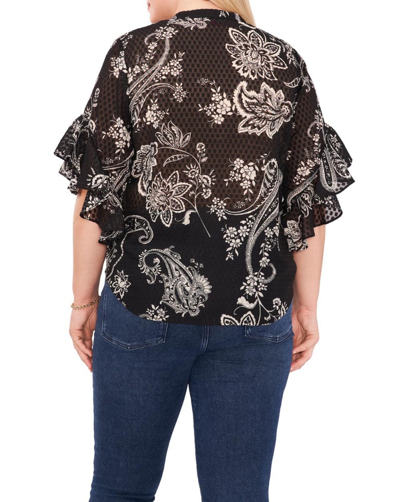 Vince Camuto Paisley-Print Ruffled-Sleeve (Plus Size) Bluzka Damske Čierne | ARTV-45031