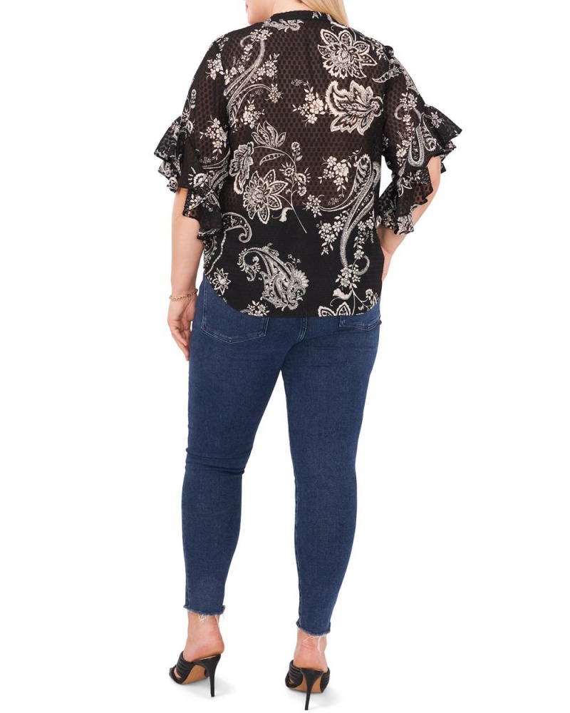 Vince Camuto Paisley-Print Ruffled-Sleeve (Plus Size) Bluzka Damske Čierne | ARTV-45031