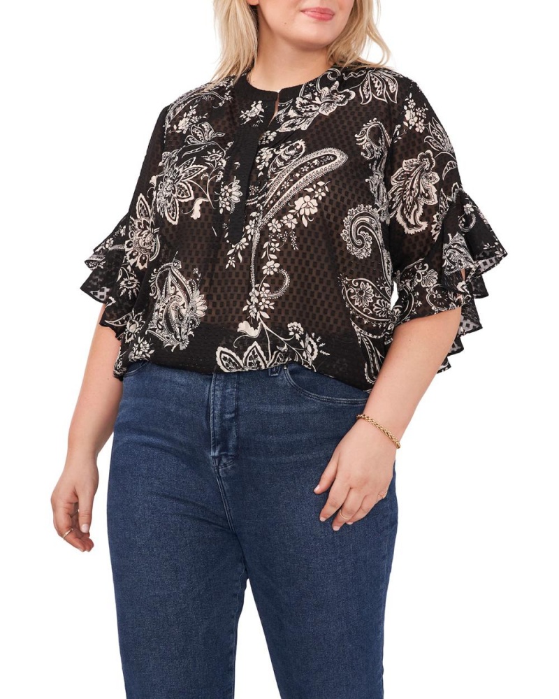 Vince Camuto Paisley-Print Ruffled-Sleeve (Plus Size) Bluzka Damske Čierne | ARTV-45031