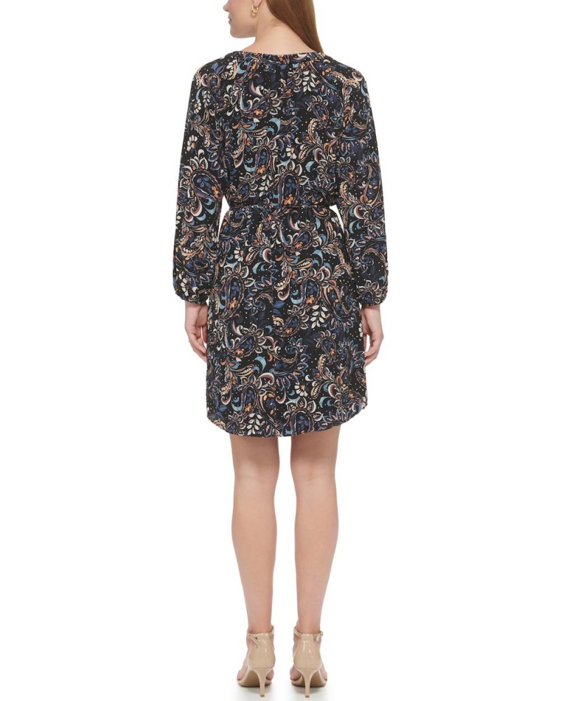 Vince Camuto Paisley-Print Tie-Pásom Shift Saty Damske Čierne | GJIB-01543