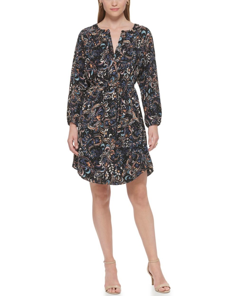 Vince Camuto Paisley-Print Tie-Pásom Shift Saty Damske Čierne | GJIB-01543