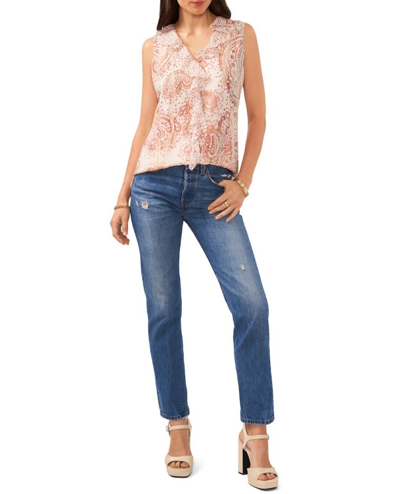 Vince Camuto Paisley Print Ruffled Bluzka Damske Biele | GNAM-05869