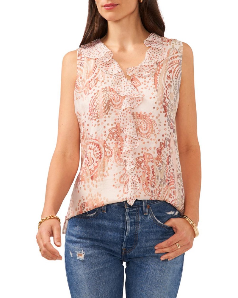 Vince Camuto Paisley Print Ruffled Bluzka Damske Biele | GNAM-05869