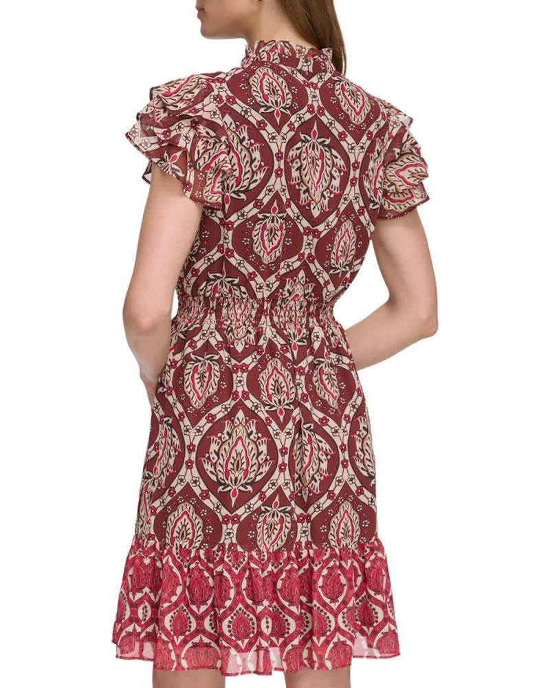 Vince Camuto Printed Smocked Ruffled-Sleeve Mini Šaty Damske Červené Hnede | CMDS-87019