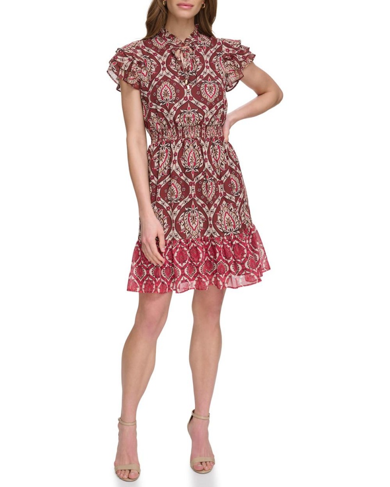 Vince Camuto Printed Smocked Ruffled-Sleeve Mini Šaty Damske Červené Hnede | CMDS-87019
