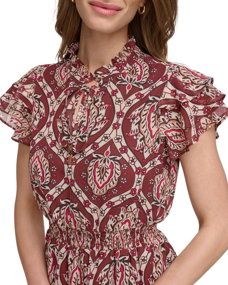 Vince Camuto Printed Smocked Ruffled-Sleeve Mini Šaty Damske Červené Hnede | CMDS-87019