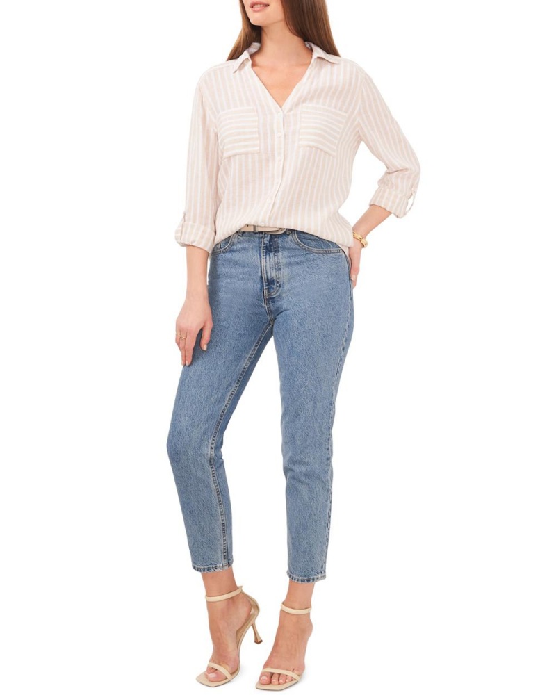 Vince Camuto Pruhované V-Neck Button-Down Shirt Kosela Damske Hnedožltý | ZCYO-01853