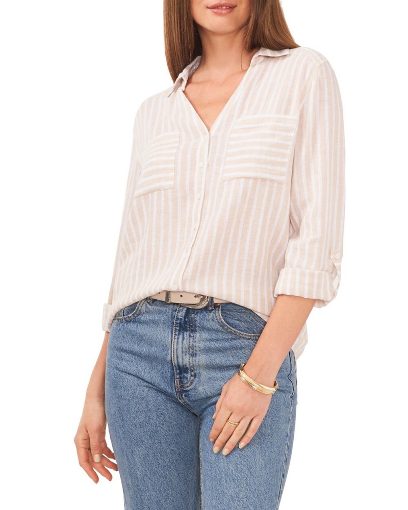 Vince Camuto Pruhované V-Neck Button-Down Shirt Kosela Damske Hnedožltý | ZCYO-01853