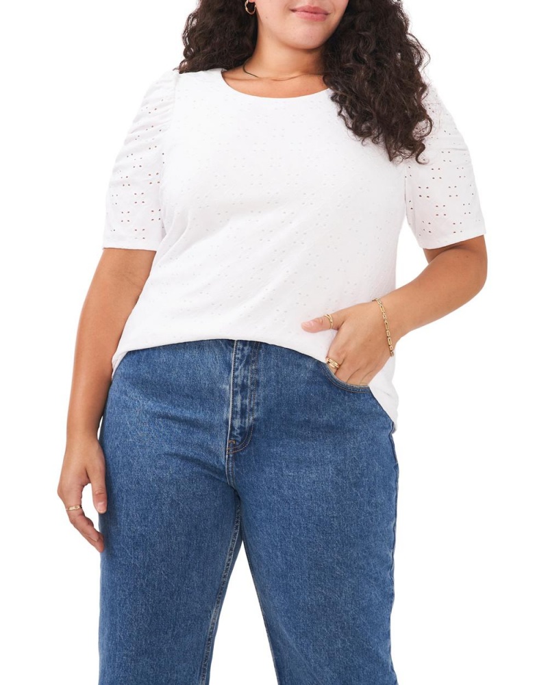 Vince Camuto Ruched-Sleeve Eyelet (Plus Size) Topy Damske Biele | FMCI-79604