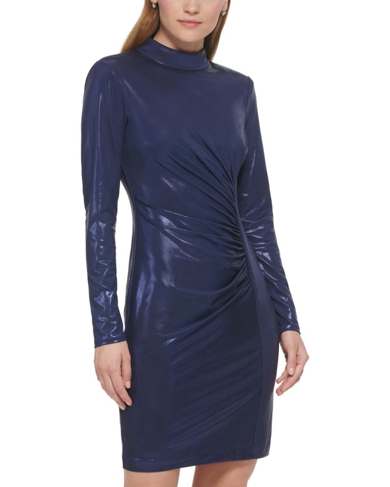 Vince Camuto Ruched Mock-Neck Cocktail Saty Damske Námornícka Modrá | LFIO-39148