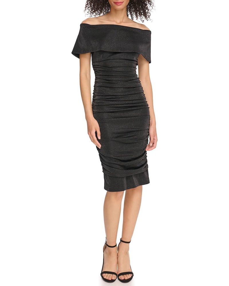 Vince Camuto Ruched Off-The-Shoulder Midi Šaty Damske Čierne | WQKG-47012