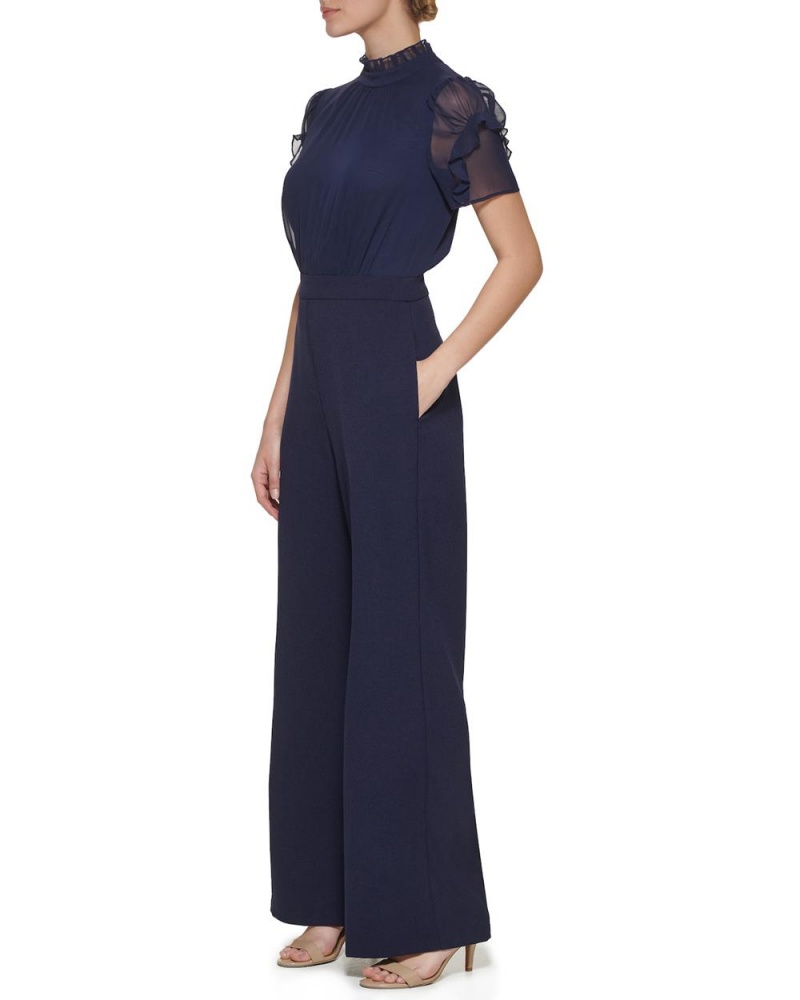 Vince Camuto Ruffled-Sleeve Siroke Topanky-Leg (Petite) Kombineza Damske Námornícka Modrá | GJAX-47913