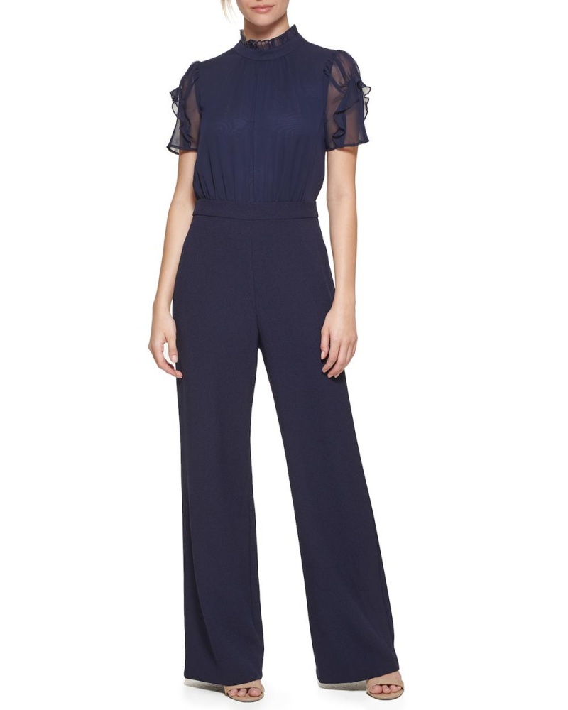 Vince Camuto Ruffled-Sleeve Siroke Topanky-Leg (Petite) Kombineza Damske Námornícka Modrá | GJAX-47913