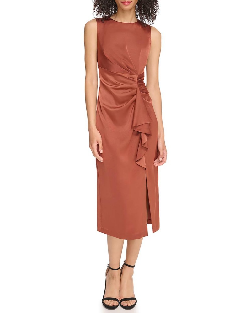 Vince Camuto Satin Ruched Ruffled Mini Šaty Damske Hnede | VSDQ-80324
