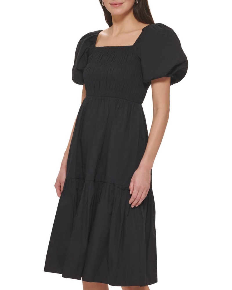 Vince Camuto Smocked Puff-Sleeve Midi Šaty Damske Čierne | UKYC-82396
