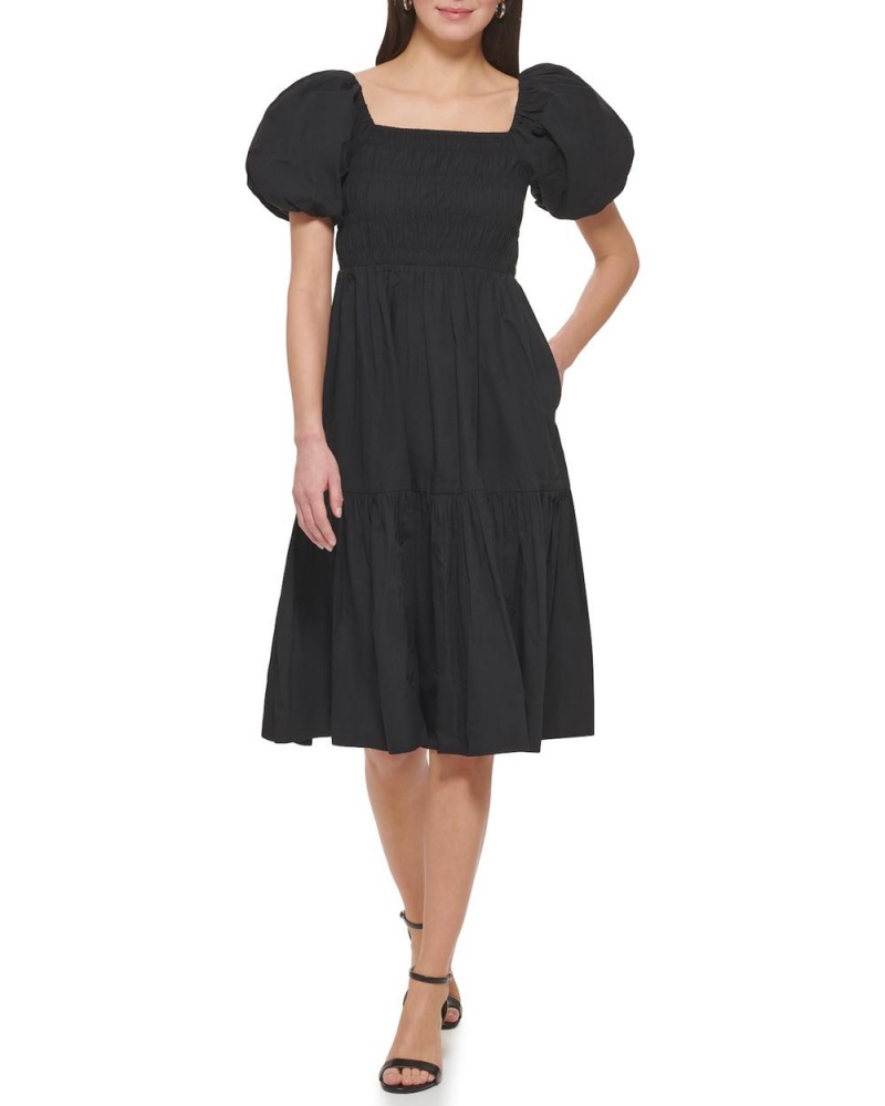 Vince Camuto Smocked Puff-Sleeve Midi Šaty Damske Čierne | UKYC-82396