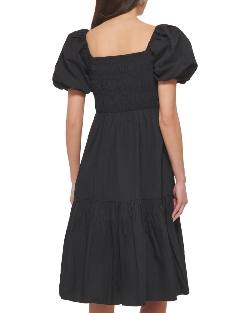 Vince Camuto Smocked Puff-Sleeve Midi Šaty Damske Čierne | UKYC-82396
