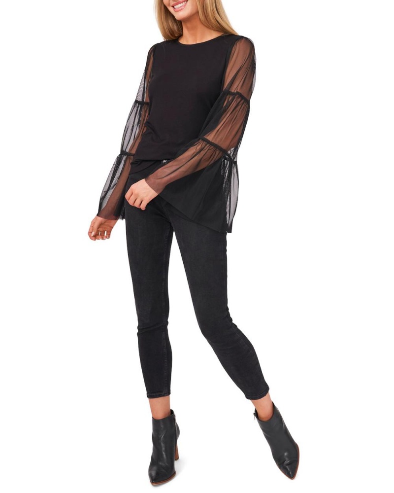 Vince Camuto Tulle-Sleeve Topy Damske Čierne | YKAD-81637