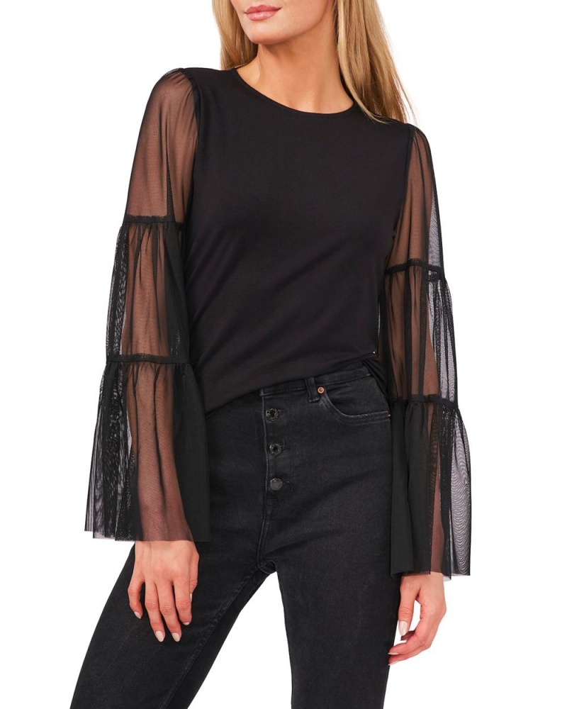 Vince Camuto Tulle-Sleeve Topy Damske Čierne | YKAD-81637