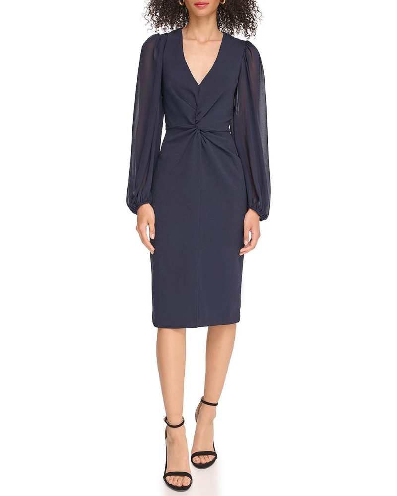 Vince Camuto Twist-Front Chiffon-Sleeve Midi Šaty Damske Námornícka Modrá | JDHE-58697